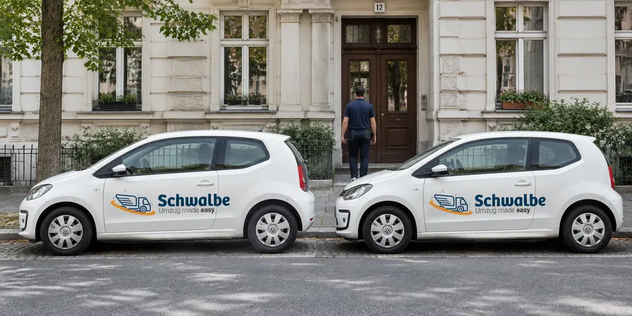 Zwei Schwalbe-Besichtigungsfahrzeuge mit Logo vor einem Berliner Altbau, Berater mit Tablet
