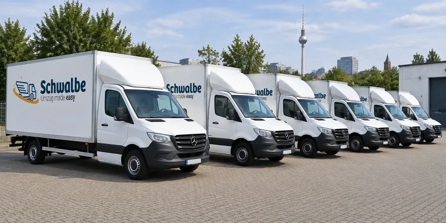 Sechs Schwalbe-LKW (Mercedes Sprinter mit Kofferaufbau) nebeneinander auf dem Betriebshof