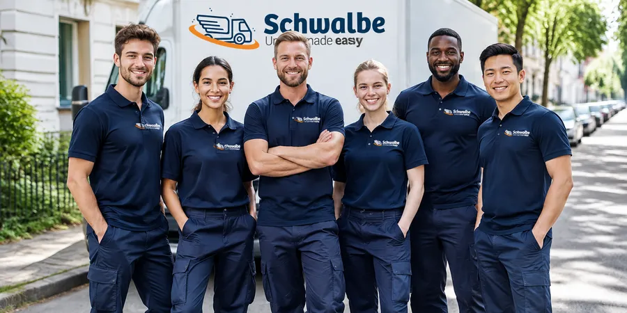 Schwalbe Umzugsteam in dunkelblauer Arbeitskleidung vor einem Umzugs-LKW